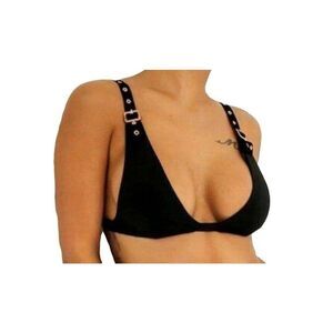 Black Bikini Top Sz S Plunging V Neckline Buckle Straps Sexy NEW